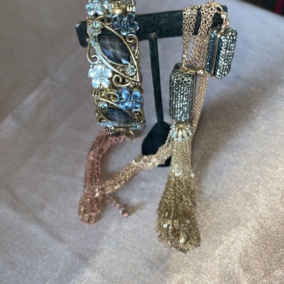 Hematite Encrusted Long Tassel Necklace with Cuff Bracelet Elegant Silver Gold - Picture 3 of 15